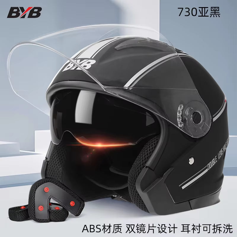 Motorcycle Open Face Helmet for Men and Women Dual Lens Sun Visor Face Shield Top Lightweight Scooter Bike Retro 3/4 Helmet